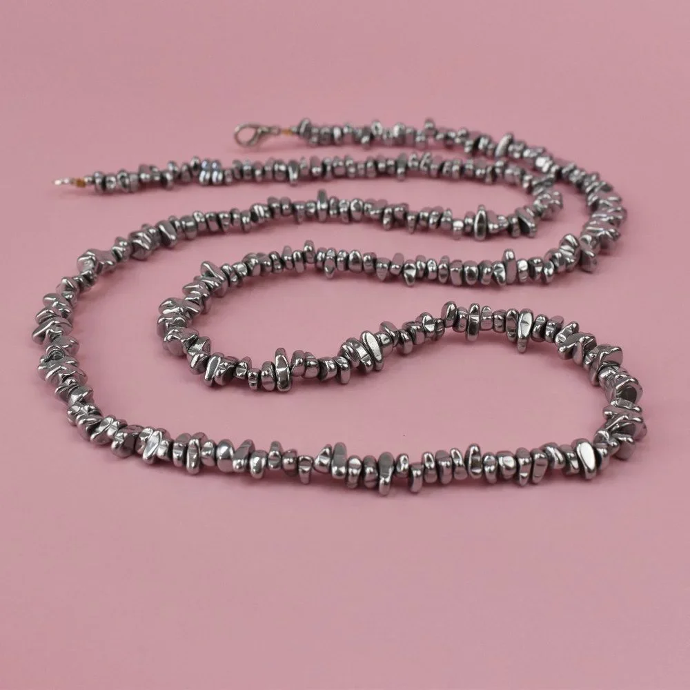 Super long silver hematite necklace boho, unique unusual stone necklace